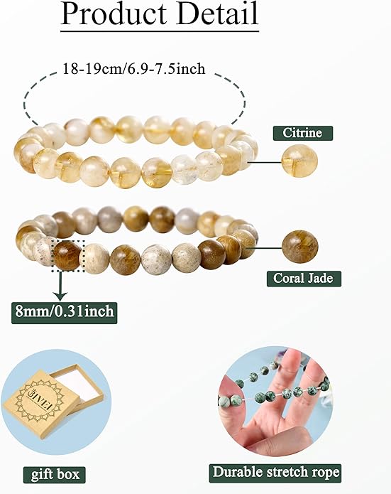 Bivei Natural Gemstone Semi Precious Healing Crystals Handmade Stretchy Round Beads Bracelet, Enhance Positive Energy