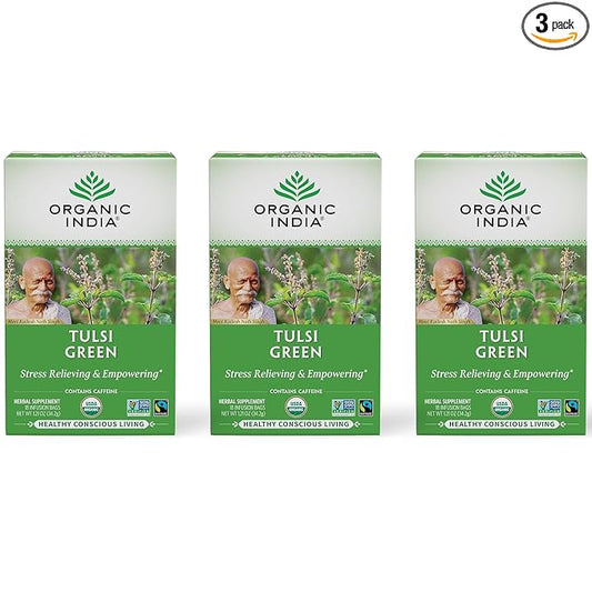 ORGANIC INDIA Tulsi Green Tea Bags - Holy Basil Tea, African Basil, Stress Relieving, Immune Support, USDA Certified Organic, Premium Darjeeling Green Tea, Caffeinated - 18 Infusion Bags, 3 Pack