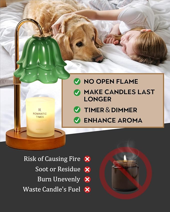 Candle Warmer Lamp with Timer Dimmable, Height Adjustable Birthday Gifts for Women Mom House Warming, Home Decor, Lotus Flower Candle Lamp Warmer 2 Bulbs Inc (Green-1)
