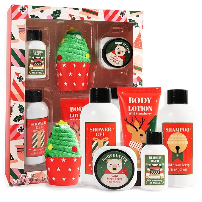Christmas Bath and Body Gift Set for Women - Holiday Stocking Stuffers With Body Butter, Shower Gel, Lotion, Shampoo, Bubble Bath, Mini Towel - Birthday Gifts