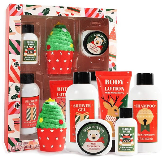 Christmas Bath and Body Gift Set for Women - Holiday Stocking Stuffers With Body Butter, Shower Gel, Lotion, Shampoo, Bubble Bath, Mini Towel - Birthday Gifts