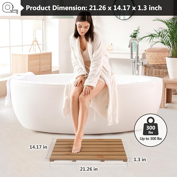 Domax Wooden Bamboo Bath Shower Mat- Non-Slip Waterproof Large Bathroom Floor Mat for Indoor Outdoor (Walnut, 21.26 x 14.17 x 1.3 Inches)