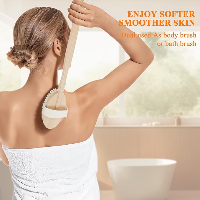 5 Packs Dry Brushing Set Natural Body Brush Wood Long Handle with 3 Detachable Heads, 1 Face Brush,Natural Boar Bristle Exfoliator for Lymphatic Drainage and Cellulite,Back Scrubber