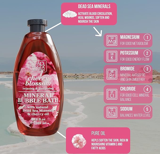 Dead Sea Collection Bubble Bath with Cherry Blossom for Women and Men – Cherry Seeds Oil and Dead Sea Salt - Nourishing and Moisturizing Skin - Pack of 2 (67.6 fl.oz)