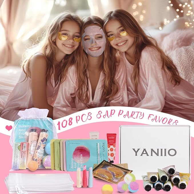 108 Piece Girls Spa Party Supplies Set , Face Masks, Hand Creams, Eye Patches, Bath Bombs, Lip Balms, 12 Person Kit