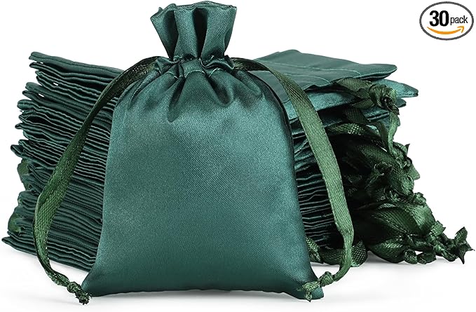 Green Small Satin Gift Bags, 30Pcs 3x4 with Drawstring, For Kids Classroom, Wedding, Birthday, or Halloween Party Favors, Jewelry, Bracelets, Earrings, Crystal, for Small Business