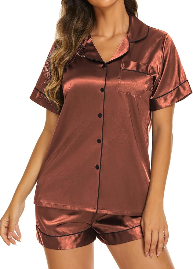 Ekouaer Silk Pajamas for Women Short Sleeve Sleepwear Soft Button Down Loungewear 2 Piece Satin Pjs Shorts Set S-XXL