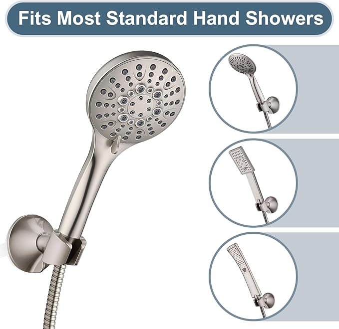 BRIGHT SHOWERS Strong Adhesive Shower Head Holder with Dual Angle Adjustable, Wall Mounted Handheld Shower Bracket, Easy Installation, Screw Mounting Options, Brushed Nickel