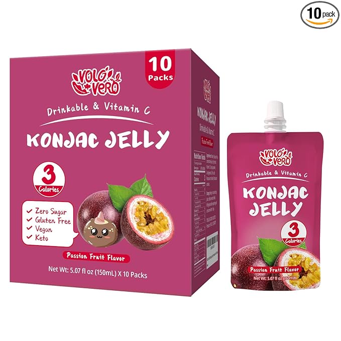 VOLO VERO Konjac Jelly Squeeze Pouch Passion Fruit Flavor, Low Calories (3 Kcal), 10 Packs, Gluten Free & Vegan, 0 Sugar, Keto, Low Carb, Drinkable Vitamin C Healthy Snacks, Holiday Gifts