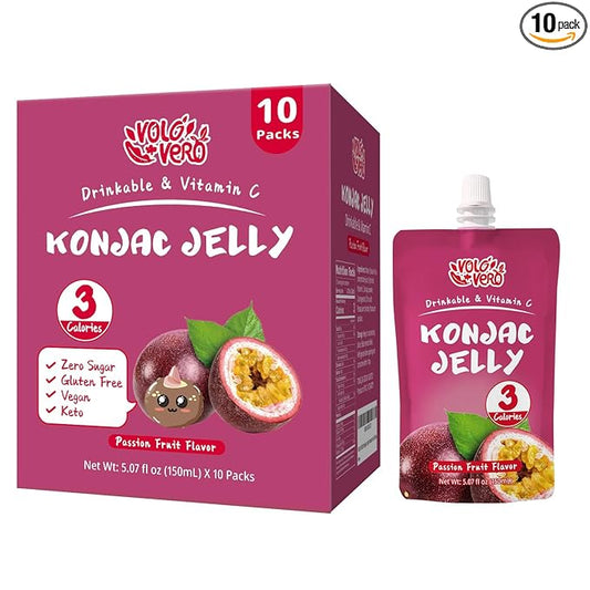 VOLO VERO Konjac Jelly Squeeze Pouch Passion Fruit Flavor, Low Calories (3 Kcal), 10 Packs, Gluten Free & Vegan, 0 Sugar, Keto, Low Carb, Drinkable Vitamin C Healthy Snacks, Holiday Gifts