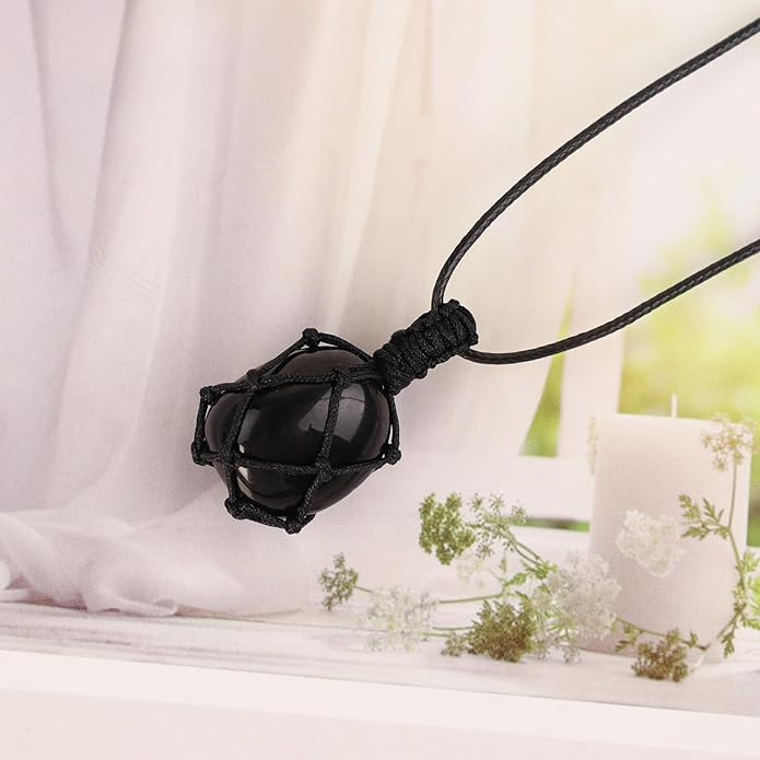 Handmade Natural Gemstone Crystal Pendant Necklace Stone Holder Necklace Cord Net Necklace with Adjustable Length for Women Men