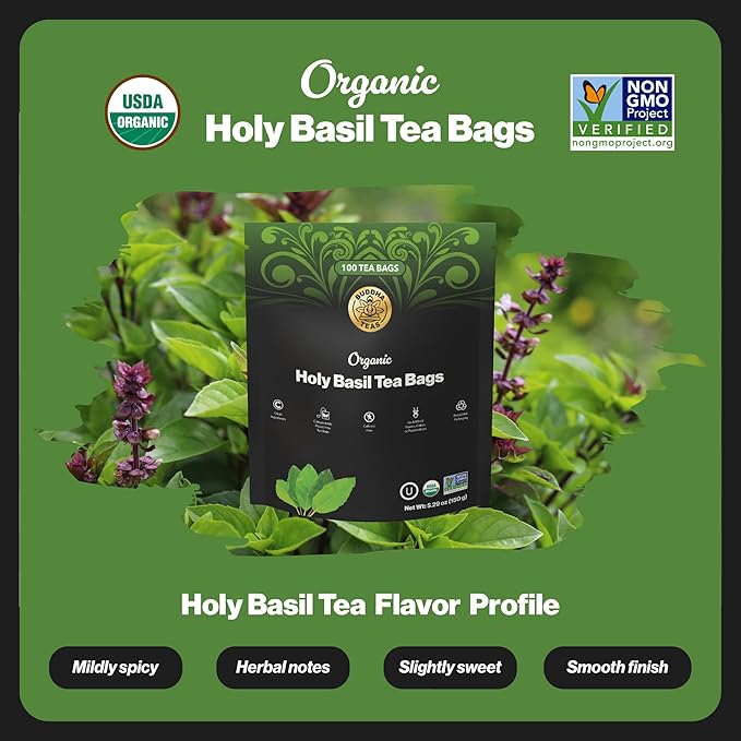 Buddha Teas - Organic Holy Basil Tea Bags - For Health & Wellbeing - Ayurvedic Tulsi - With Antioxidants - Clean Ingredients - Caffeine Free - OU Kosher & Non-GMO - 100 Non-String Tea Bags (Pack of 1)