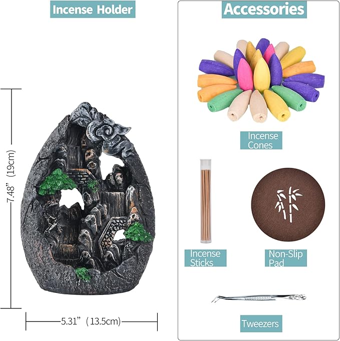Backflow Incense Holder Resin Mountain Incense Burner Fountain Waterfall Incense Holders Home Decor with 120 Pcs Backflow Incense Cones 30 Pcs Incense Sticks (Creek)
