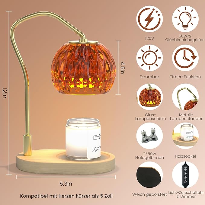 Candle Warmer Lamp with Timer & Dimmer - Ideal for Glass Jar Scented Candles, Includes 2 Bulbs - Perfect Christmas, Birthday, or New Home Gift for Decor & Bedroom Warmth - Amber Color