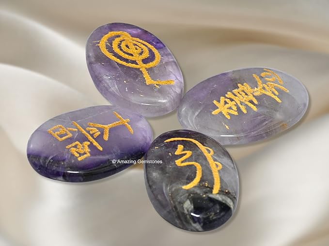Amazing Gemstone Amethyst Crystal Reiki Stones with Engraved Symbols for Usui Reiki Healing, Set of 4 Pcs (Indian Handmade Reiki Gift Set)