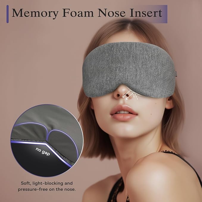 Cotton Sleep Mask for Side Sleepers Men & Women, Cool Touche Eye Mask with Memory Foam Nose Padding, Ultra Soft Blockout Eye Shade Cover,Sleep Mask for Sleeping, Travel, Nap (Gray)