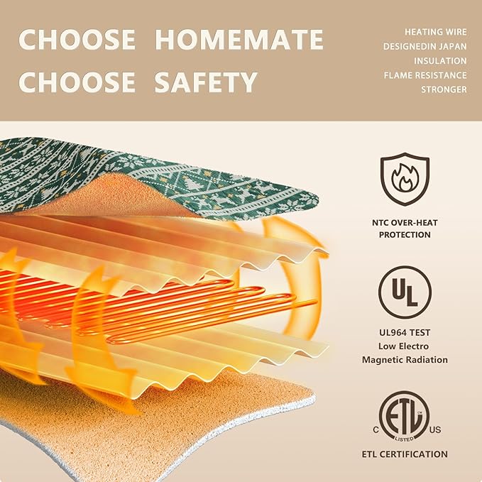 Homemate Heated Blanket Electric King Size - 100“x90“ Heating Blanket with 10 Fast Heat Levels 8 Hours Auto Off Ultra Soft Cozy Flannel Over-Heated Protection ETL Certification Keep Warming in Home