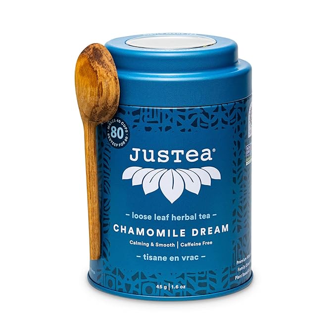 JusTea CHAMOMILE DREAM | Loose Leaf Herbal Tea | Tin with Hand Carved Tea Spoon |40+ Cups (1.6oz) | Caffeine Free | Award-Winning | Fair Trade | Non-GMO