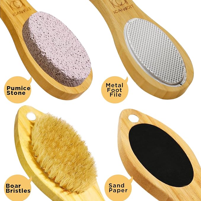 ICANdOIT-2 Packs Natural Bamboo Foot File Callus Remover-Multi Purpose 4 in 1 Feet Pedicure Kit with Boar Bristle Brush,Pumice Stone,Foot Rasp,Sand Paper