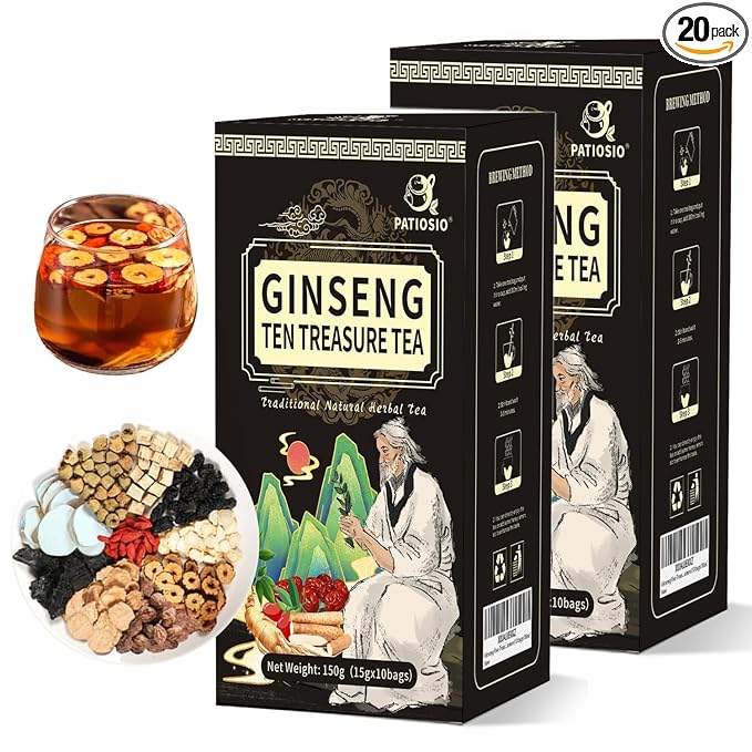 Kidney Tea Ginseng Ten Treasure Tea, Ginseng Five Treasure Red Date Wolfberry Chinese Herbal Tea, Zhu Gen Wu Bao Cha, Kidney Cleansing for Men & Women (20 bags/2Boxes)