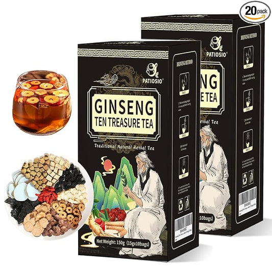 Kidney Tea Ginseng Ten Treasure Tea, Ginseng Five Treasure Red Date Wolfberry Chinese Herbal Tea, Zhu Gen Wu Bao Cha, Kidney Cleansing for Men & Women (20 bags/2Boxes)