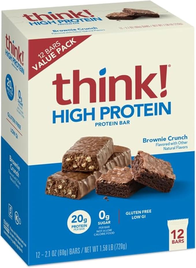 think! Protein Bars, High Protein Snacks, Gluten Free, Sugar Free Energy Bar with Whey Protein Isolate, Brownie Crunch, Nutrition Bars without Artificial Sweeteners, 2.1 Oz (12 Count)
