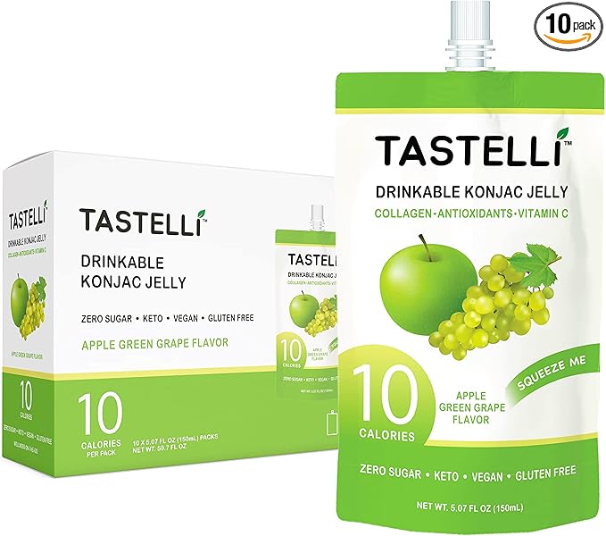 Konjac Jelly Infused with Collagen Drink + Vitamin C + Antioxidants / 10 Calories, Vegan, Zero Sugar/Healthy Drinkable Dessert Pouch / (Apple + Green Grape) - 150mL x 10 Pouches