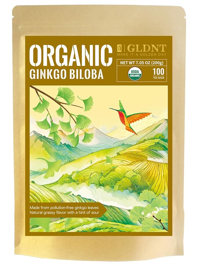 GLDNT Organic Ginkgo Biloba Tea, Dried Ginkgo Biloba Leaves, Mild & Smooth Flavor, Caffeine Free, 100 Count