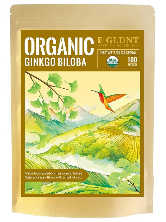GLDNT Organic Ginkgo Biloba Tea, Dried Ginkgo Biloba Leaves, Mild & Smooth Flavor, Caffeine Free, 100 Count
