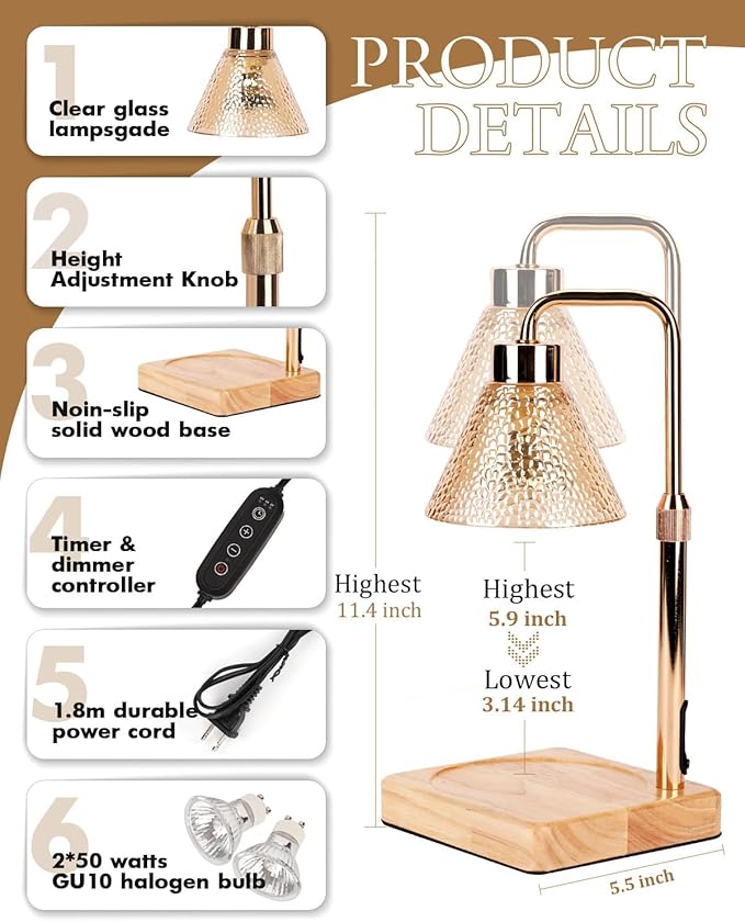 Candle Warmer Lamp with Timer Dimmable, Adjustable Height, Christmas Anniversary Women Gifts for Her Girlfriend, House Warming Gifts New Home, Wax Warmer Lamp for Jar Candles with 2 Bulbs