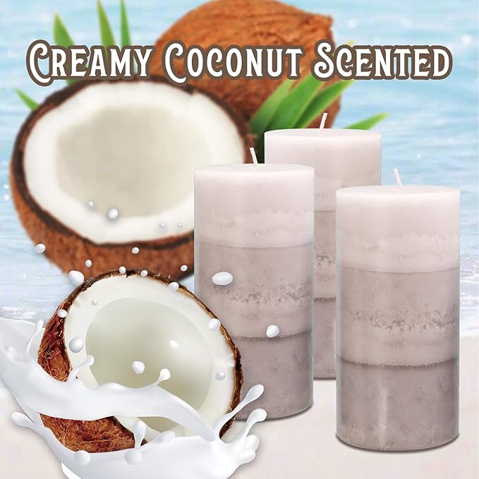 3" x 6" Creamy Coconut Scented Pillar Candles Long Burning Cotton Wick Candle Gift Set for Home Decorations