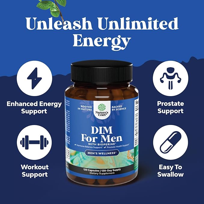 DIM Supplement for Men - DIM Estrogen Blocker for Men for Hormone Balance & Prostate Health - Diindolylmethane Testosterone Complex with Panax Ginseng, Bioperine, Grapeseed & Astragalus - 120 Capsules