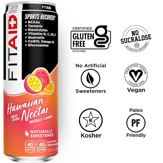 FITAID Post Workout Recovery Drink, Hawaiian Nectar, Passion Fruit, Orange & Guava, BCAAs, Glucosamine, Electrolytes, 40 Calories, 12 Fl Oz (Pack of 12)
