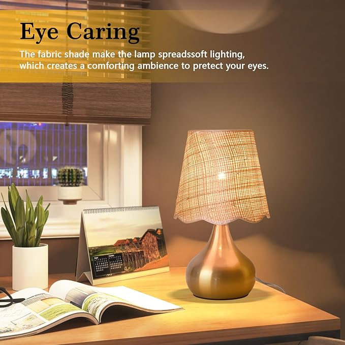 Gold Small Bedside Table Lamp for Bedroom, Brass Gold Mini Table Lamps for Nightstand, Rattan Shade Table Lamps for Small Spaces for Kitchen Counter, Bookshelf, Bedroom, Living Room, Kids Dorm