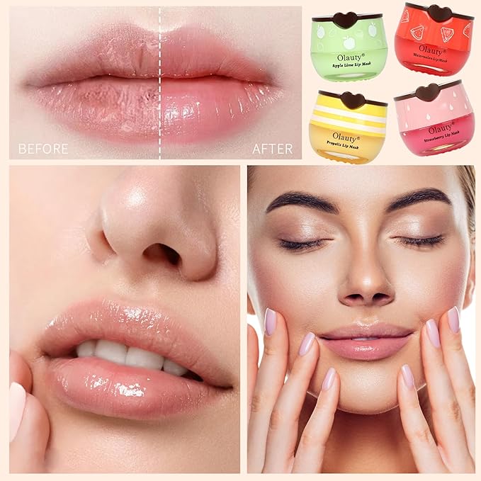 4 PCS Bee Lip Balm Lip Mask Honey Pot, Honey & Strawberry & Watermelon & Apple Lime Lip Sleeping Mask Propolis Moisturizing Lip Balm with Stick, Hydrating Prevention Dry & Cracked