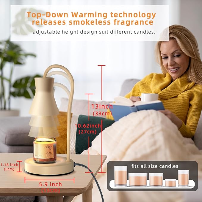 Candle Warmer Lamp with Timer and Dimmer, Vintage Electric Candle Melter with 2 Bulbs, Melter Scented Candle Height Adjustable Compatible with Jar Candles, House Warming Gifts (Beige)