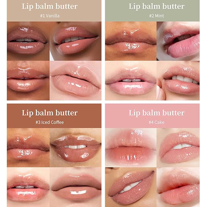 4 Colors Butter Lip Balm Lip Tint Hydrating Lip Gloss, High Shine Nude Color Hydrating Finish Lip Glow Oil (4 Flavors)