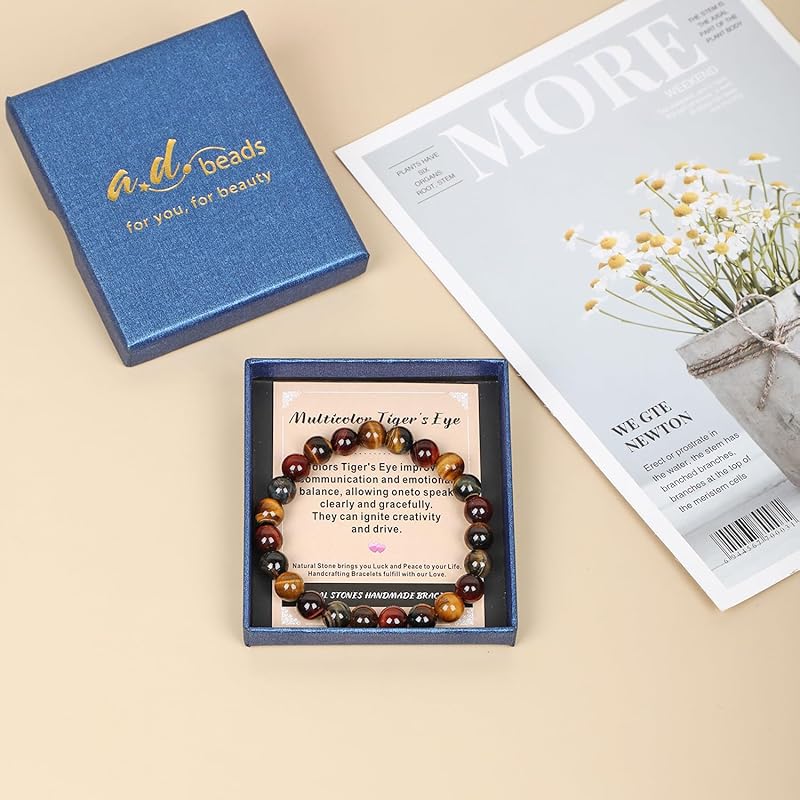 AD Beads Handmade Gemstone Stretch Elastic Bracelet Crystal Healing Reiki Nature's Beauty and Spiritual Essence Unisex (8mm, Multicolor Tiger's Eye (Ignite Creativity))