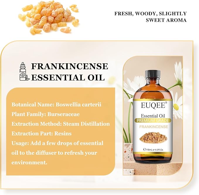 EUQEE Frankincense Essential Oil 118ml Large Bottle Pure Frankincense Oil with Glass Dropper Great for Aromatherapy, Diffuser, Soap Making - 4 Fl.Oz
