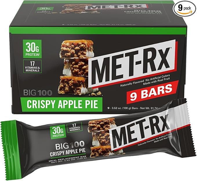 MET-Rx Big 100 Colossal Protein Bars, Crispy Apple Pie Meal Replacement Bars, 9 Count