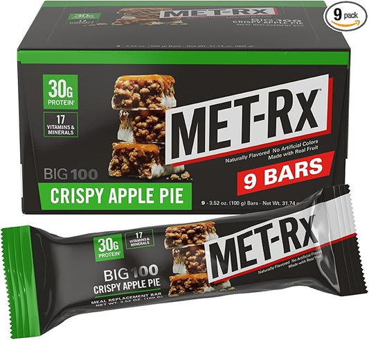 MET-Rx Big 100 Colossal Protein Bars, Crispy Apple Pie Meal Replacement Bars, 9 Count