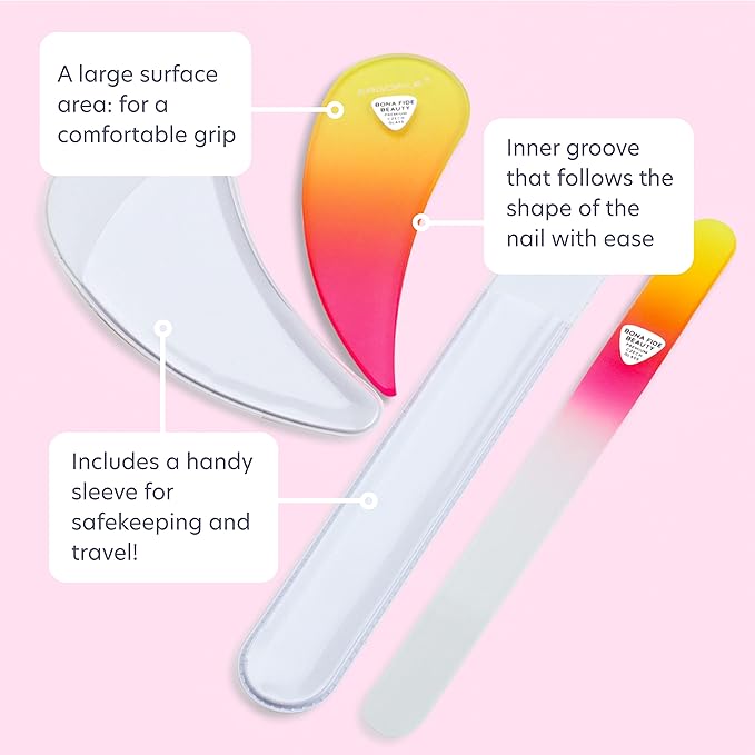 BONA FIDE BEAUTY Czech Glass Nail Files for Natural Nails 2-Pieces Set, Comfort Ergonomic Nail Filers for Arthritis, Tendonitis, Carpal Tunnel Solution for Nail Care