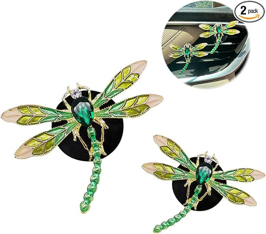 Dragonfly Car Decor,2pcs Bling Dragonfly Air Freshener Vent Clips,Cute Car Accessories,Refillable Car Diffuser, Glamorous Green Decor