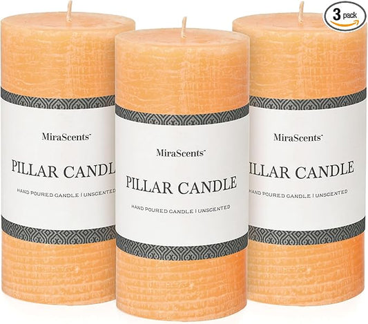 3x6 Inch Yellow Pillar Candles - Set of 3, Unscented, Large, Smokeless Dripless Candles for Dinner Table Decor, Home Rustic Decor, Fall Centerpieces
