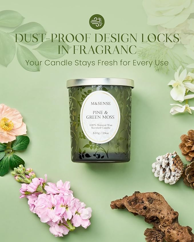 M&SENSE Pine Green Moss Strong Scented Candle, Wooden Wick Candle, 100 Hours Slow Burning No Toxin Natural Soy Wax 18oz,Calming Meditation Home Fragrance, Housewarming Gifts for Men Women