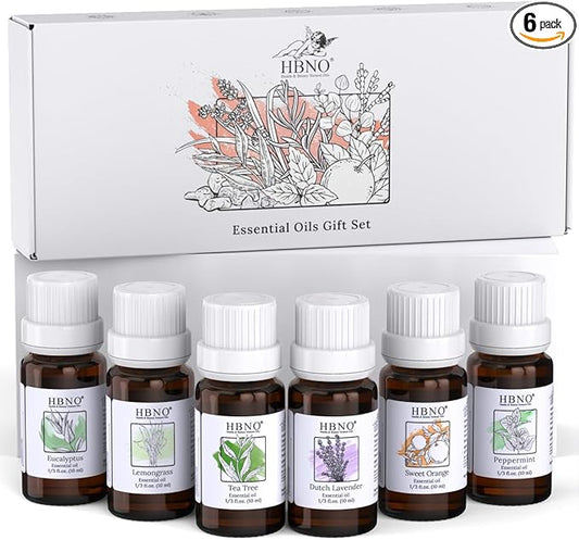 HBNO Essential Oils Set (10ml) - Top 6 Essential Oils. Ideal for Aromatherapy, Soap Making, and Skincare and More - Lavender, Eucalyptus, Tea Tree, Peppermint, Orange, Lemongrass