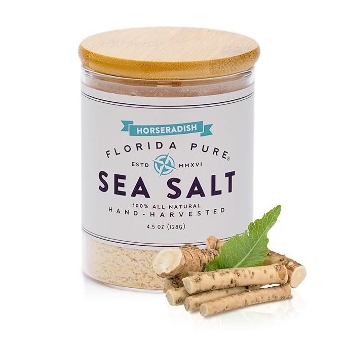 FLORIDA PURE Horseradish Sea Salt - 80+ Mineral Sea Salt, Natural, Unrefined, Non Iodized - for Baking, Cooking, Seasoning & Enhancing Taste - Rich Taste Flaky Sea Salt (4.5 oz Jar)