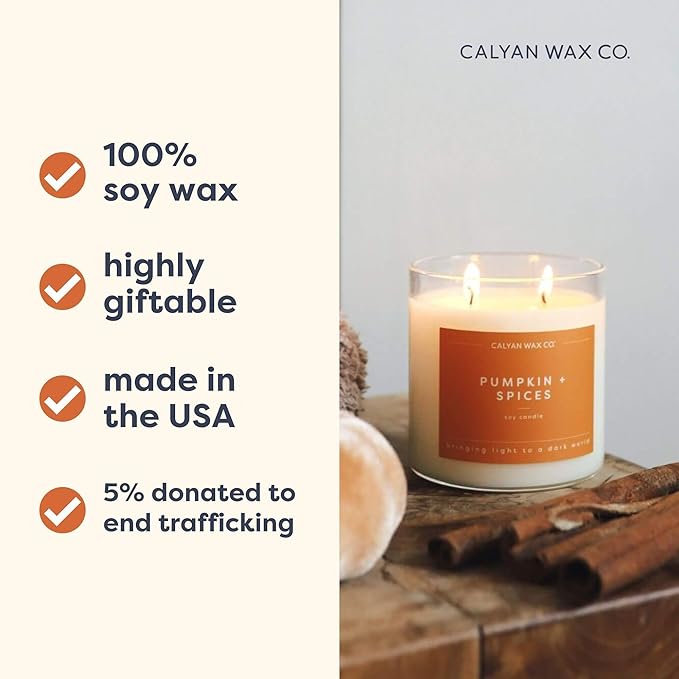 Calyan Wax Co. 2 Wick Candle, Pumpkin + Spices Scented Candle, 37 Hour Burn Time, Aromatherapy Soy Candles, Non Toxic & Vegan Soy Wax, Glass Tumbler Scented Candles, 12.5oz