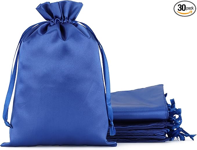 Blue Satin Cloth Gift Bags, 30Pcs 6x9 with Drawstring, Foldable Stuff Sack, Lightweight Game Toy Travel Pouch