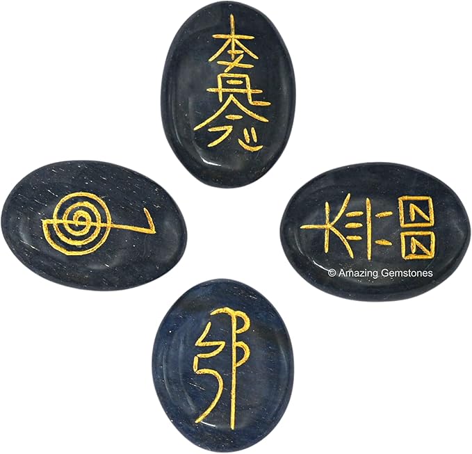Amazing Gemstone Blue Aventurine Crystal Reiki Stones with Engraved Symbols for Usui Reiki Healing, Set of 4 Pcs (Indian Handmade Reiki Gift Set)